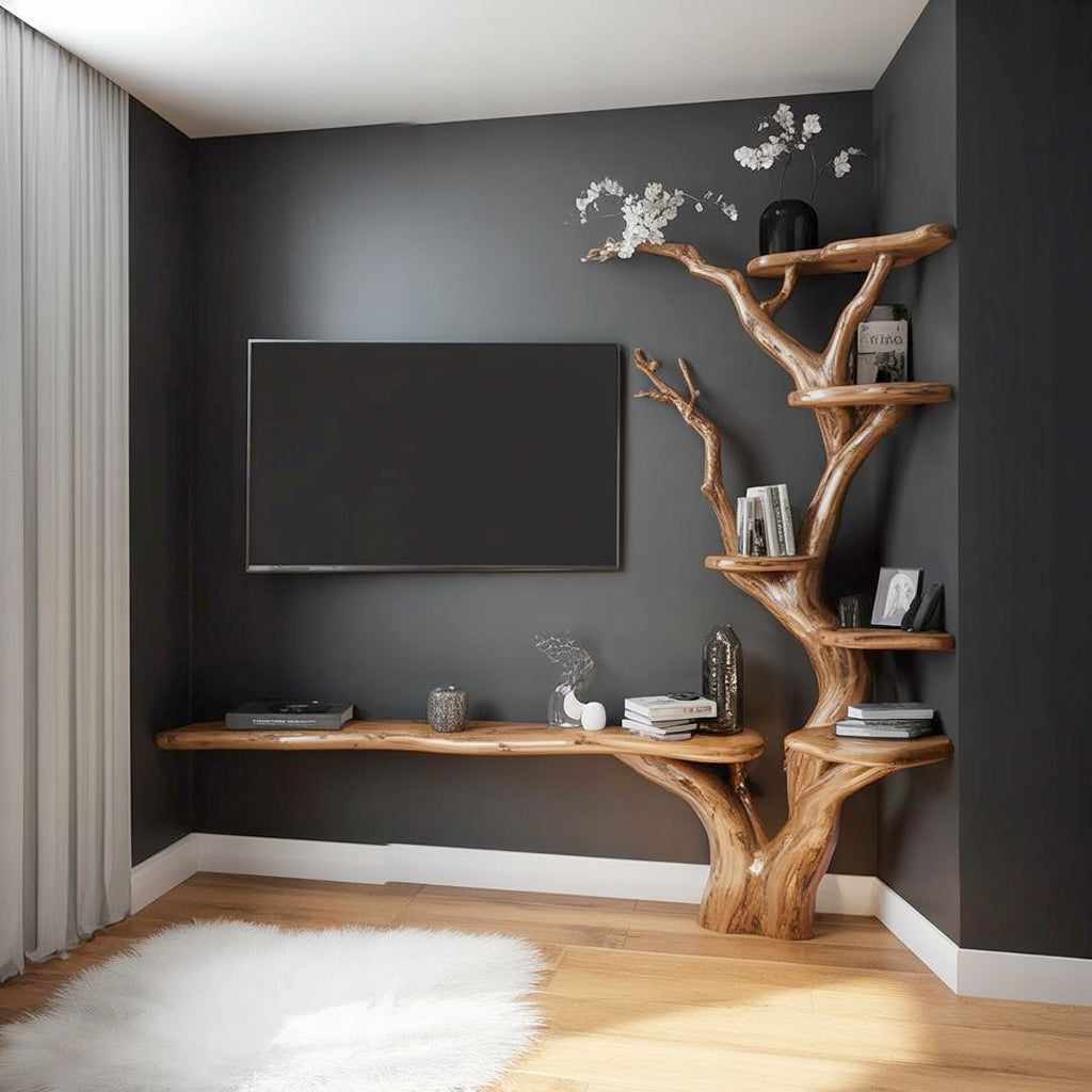 Bibliothèque Arbre Rustique en Bois – Meuble TV & Étagère Murale Artisanale