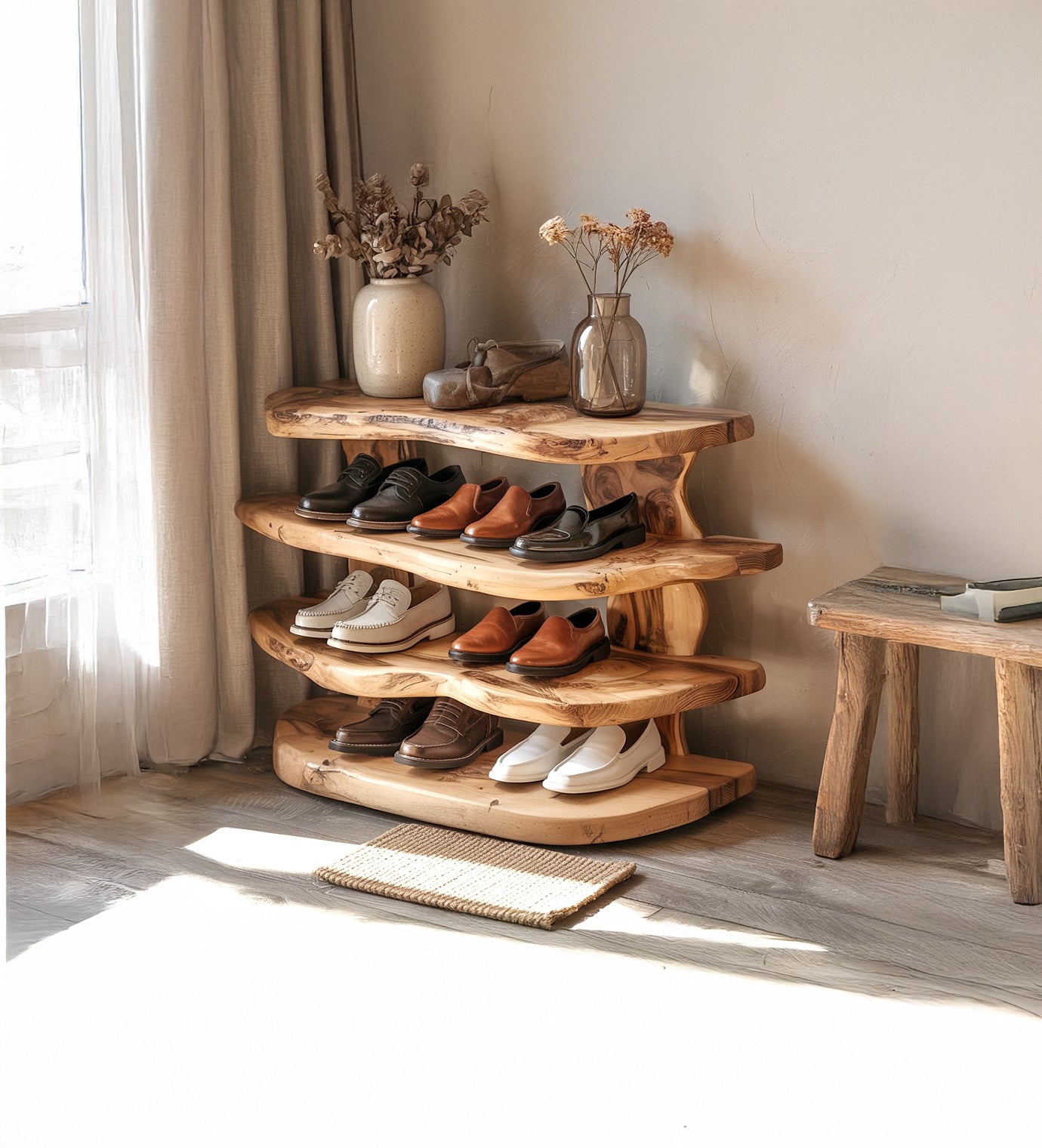 Handcrafted Live Edge Wooden Shoe Rack – Rustic Solid Wood Organizer