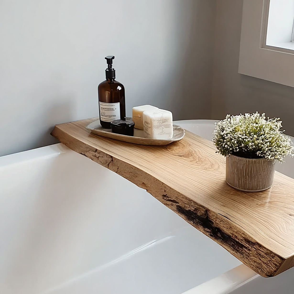 Handmade Live Edge Bathtub Tray – Rustic Solid Wood Bath Caddy