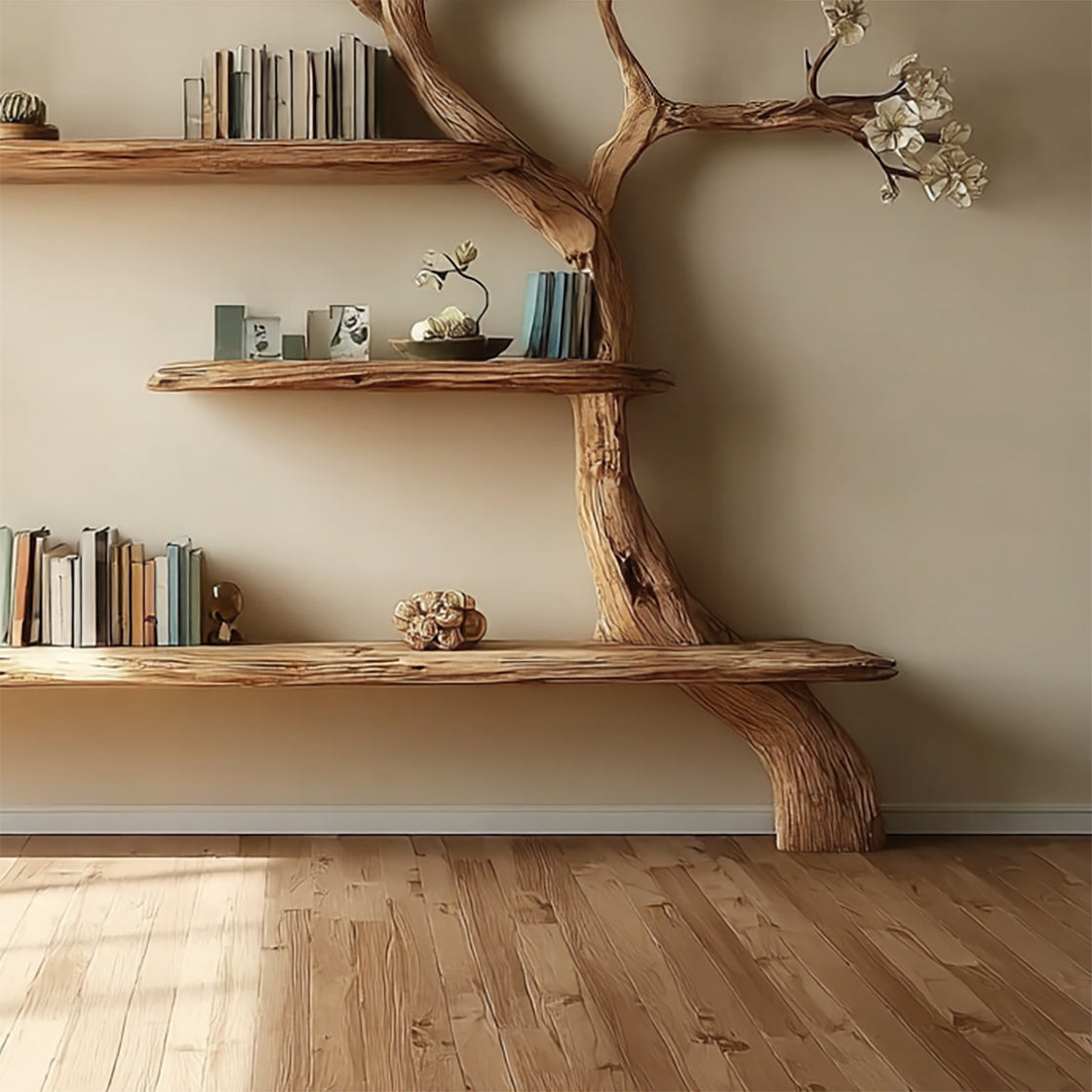 Solid Wood Tree Bookshelf – Artistic Tree Branch Bookcase, Rustic Modern Decor