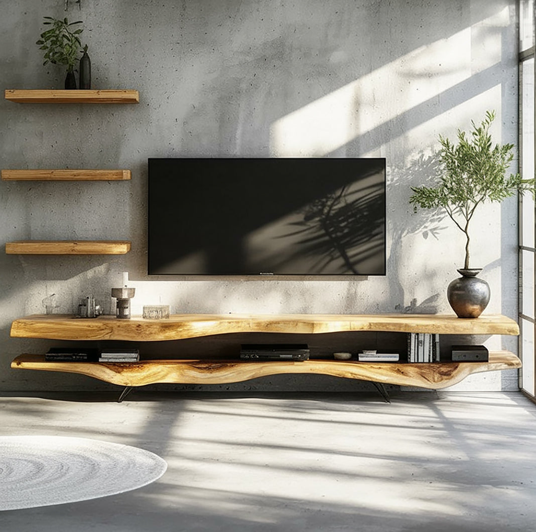 2-Piece Solid Wood TV Stand & Rustic Floating Walnut Shelves