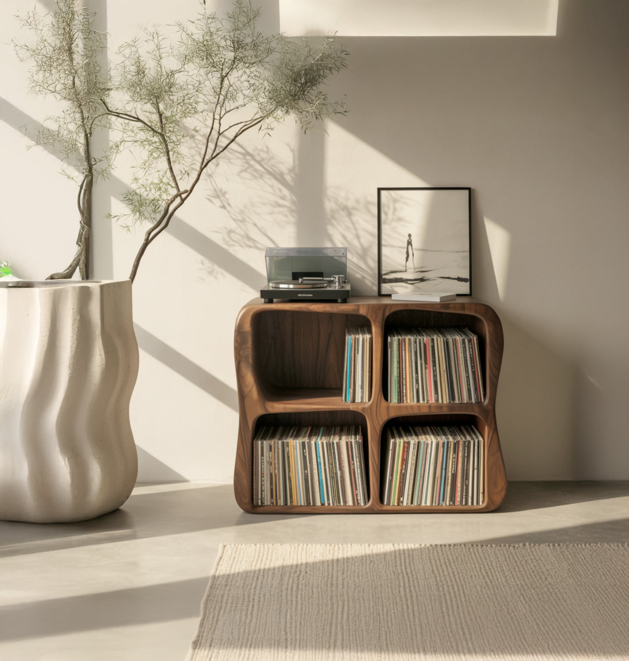 Solid Wood Vinyl Record Storage Cabinet – Modern Sculptural LP Shelf