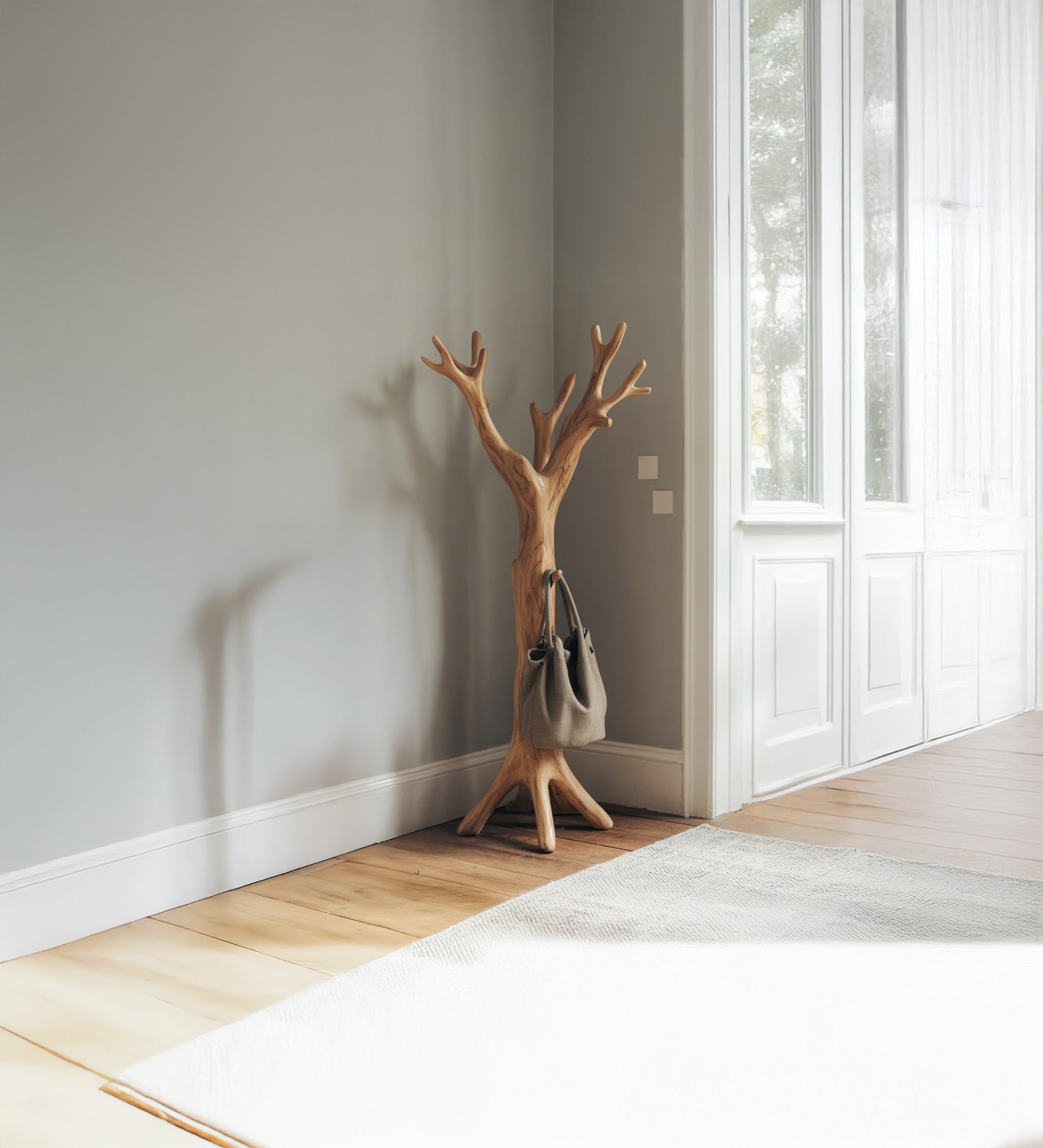 Rustic Wooden Standing Coat Rack – Handmade Tree Branch Hook Organizer