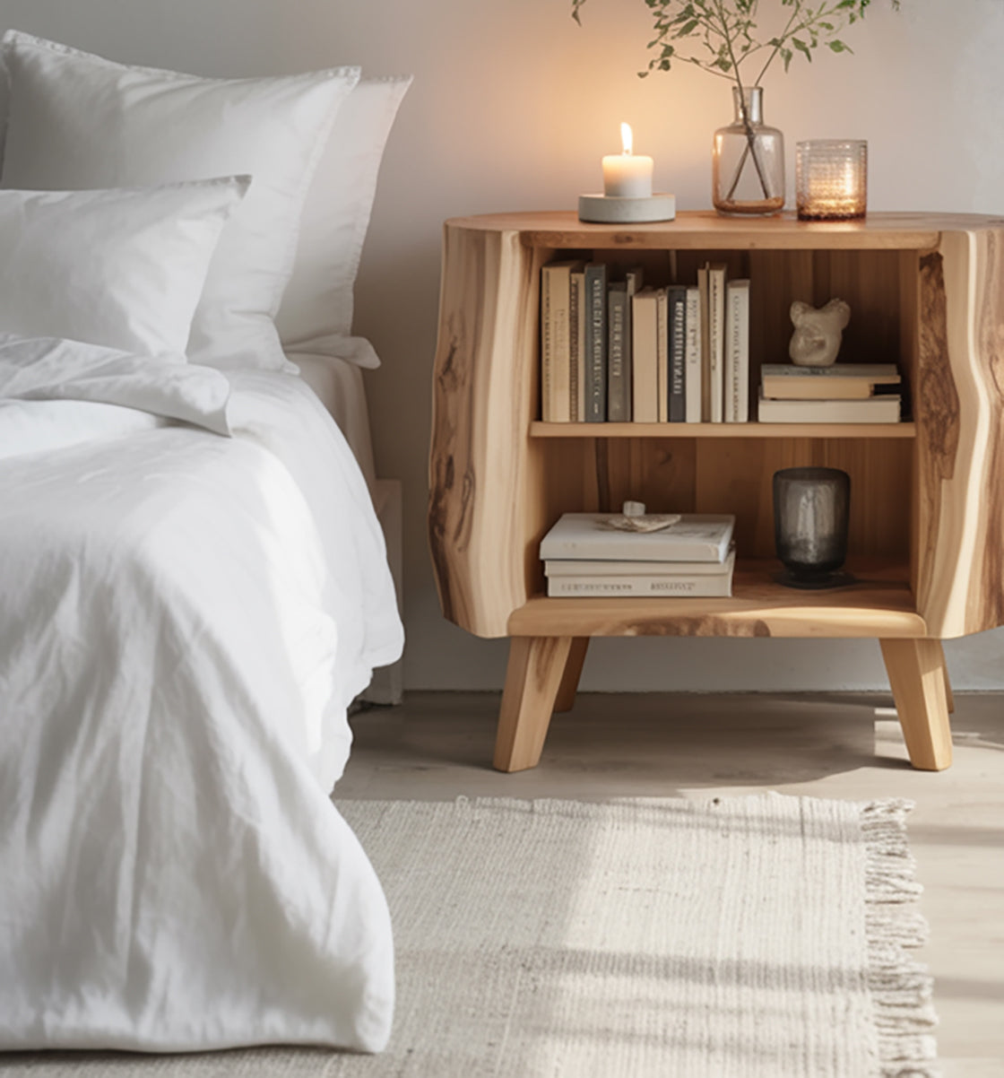 Farmhouse Nightstand for Bedroom – Rustic Natural Wood Bedside Table with Drawer