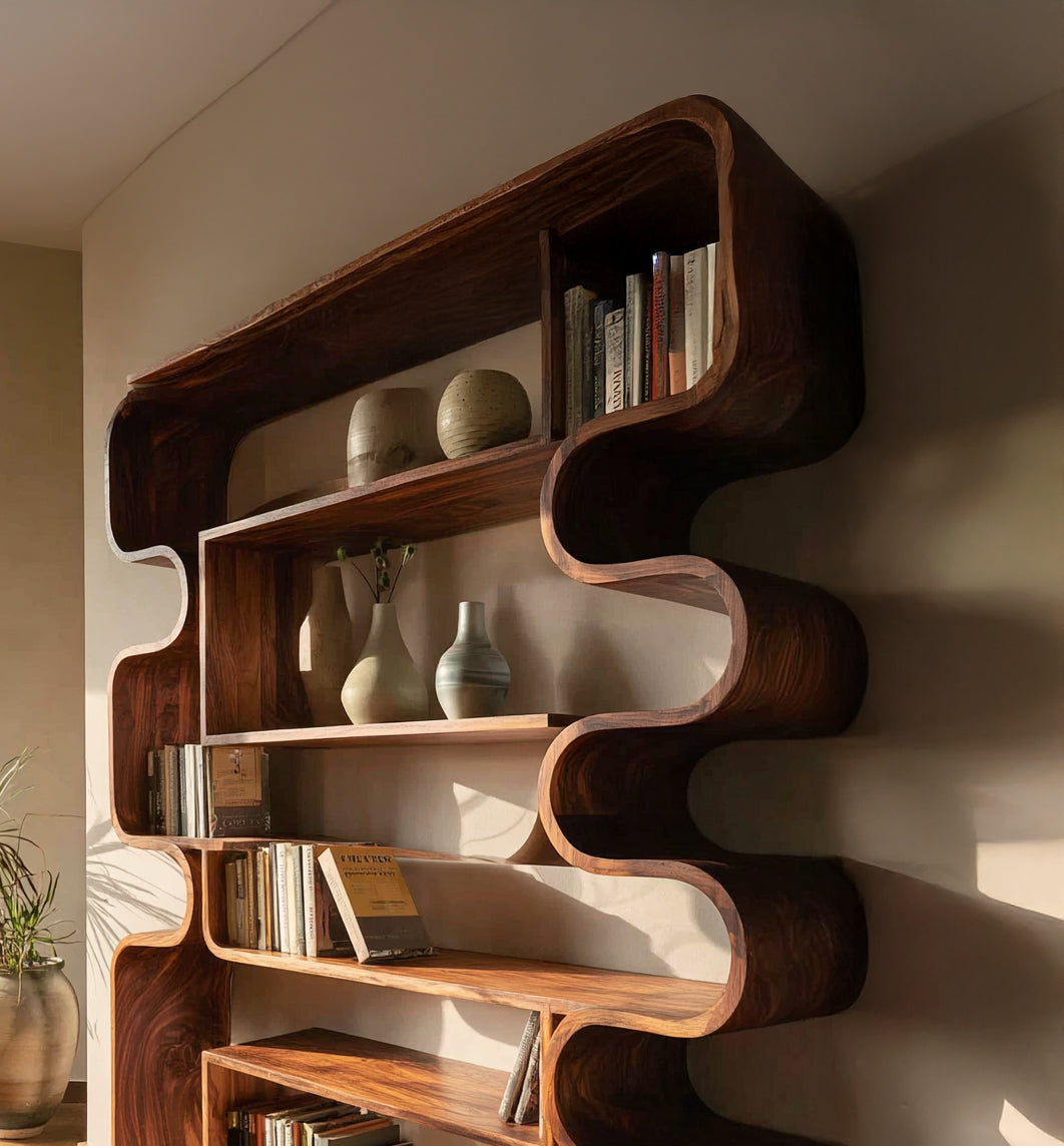 Modern Wooden Bookshelf with Sculptural Curved Design – Contemporary Display Shelf