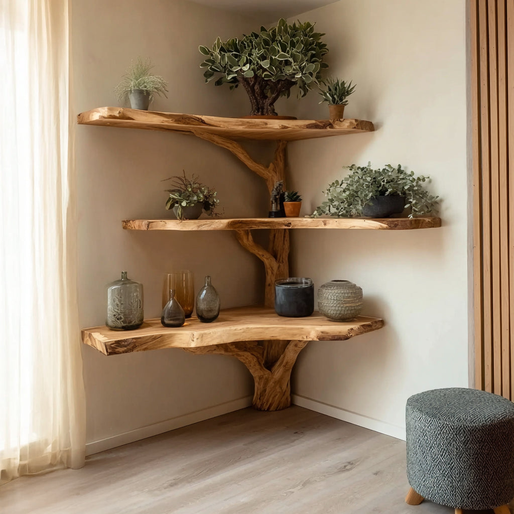 Live Edge Corner Tree Bookshelf – Rustic Handmade Wooden Wall Shelf Unit