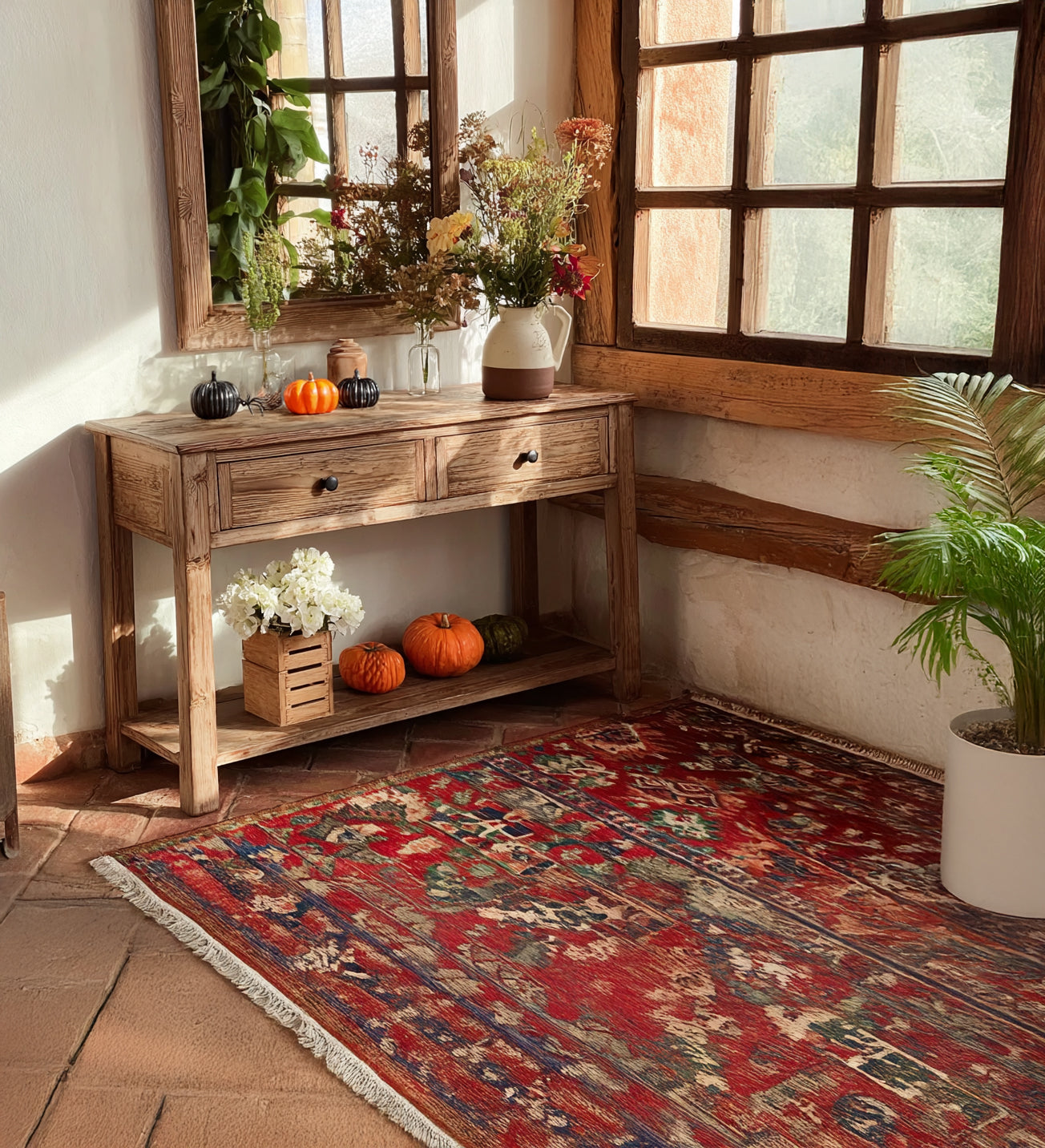 Rustic Wooden Console Table with Drawers and Lower Shelf – Farmhouse Entryway Table