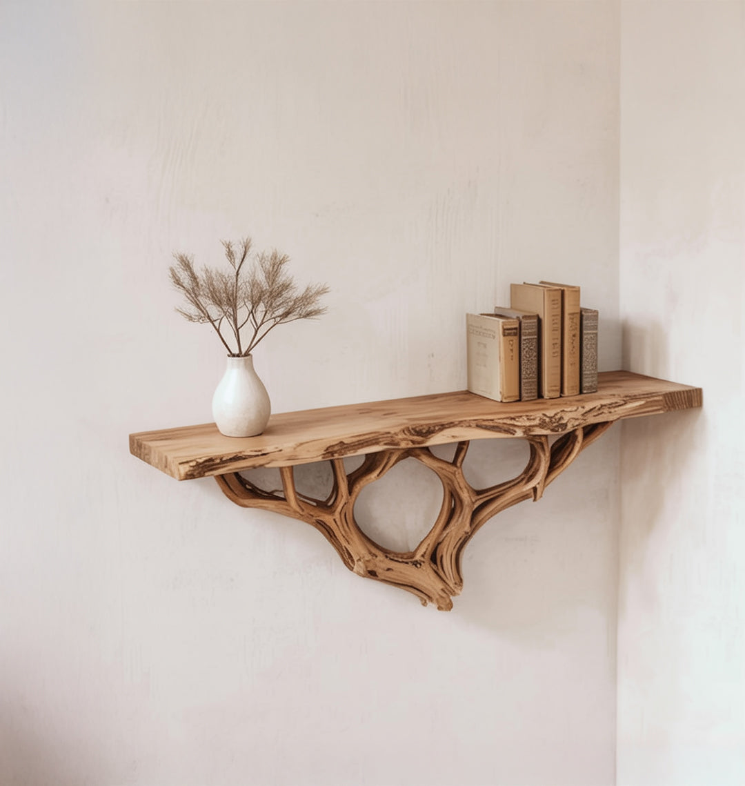 Bibliothèque Murale Arbre Flottante en Bois Massif – Art Mural Naturel