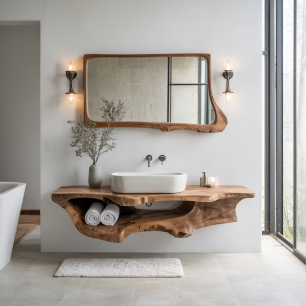 Solid Wood Floating Vanity – Walnut Live Edge Bathroom Sink & Farmhouse Décor