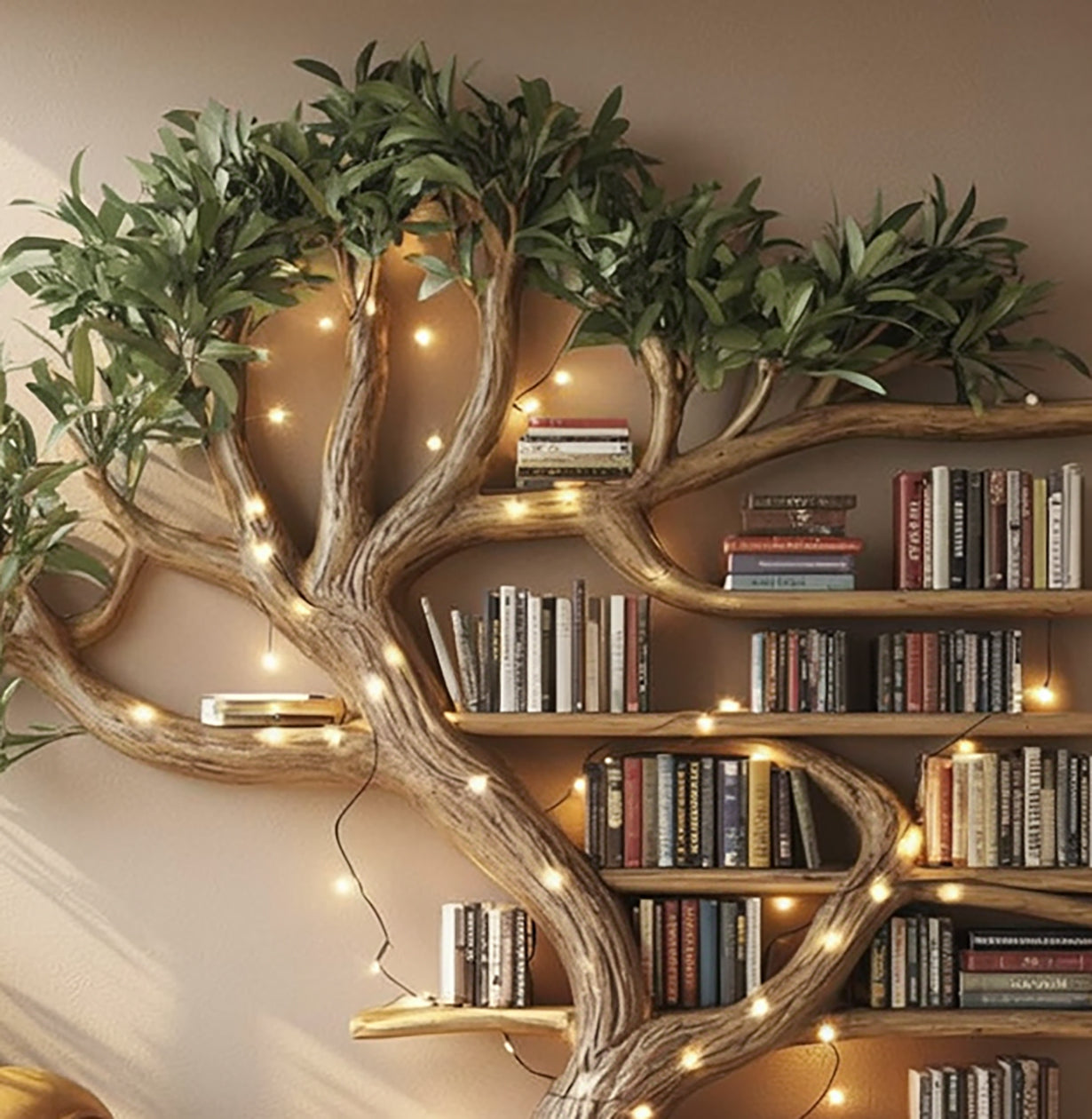 Tree Branch Bookshelf – Floating Live Edge Wooden Wall Shelf Décor