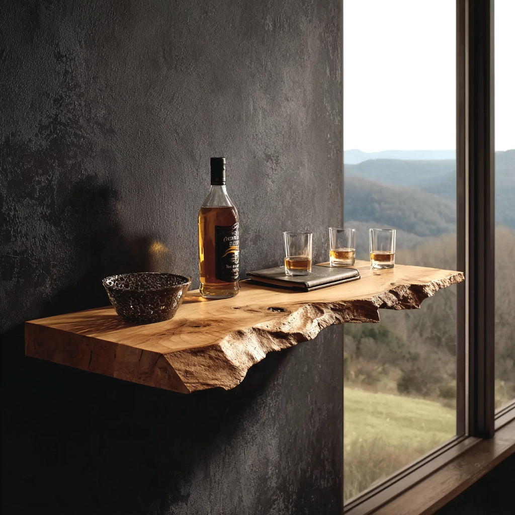 Handcrafted Live Edge Floating Bar Shelf – Rustic Solid Wood Wall Bar for Kitchen or Home