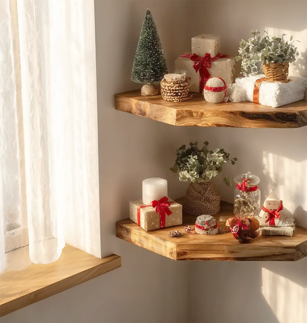 Rustic Live Edge Corner Floating Shelves – Handcrafted Solid Wood Wall Display