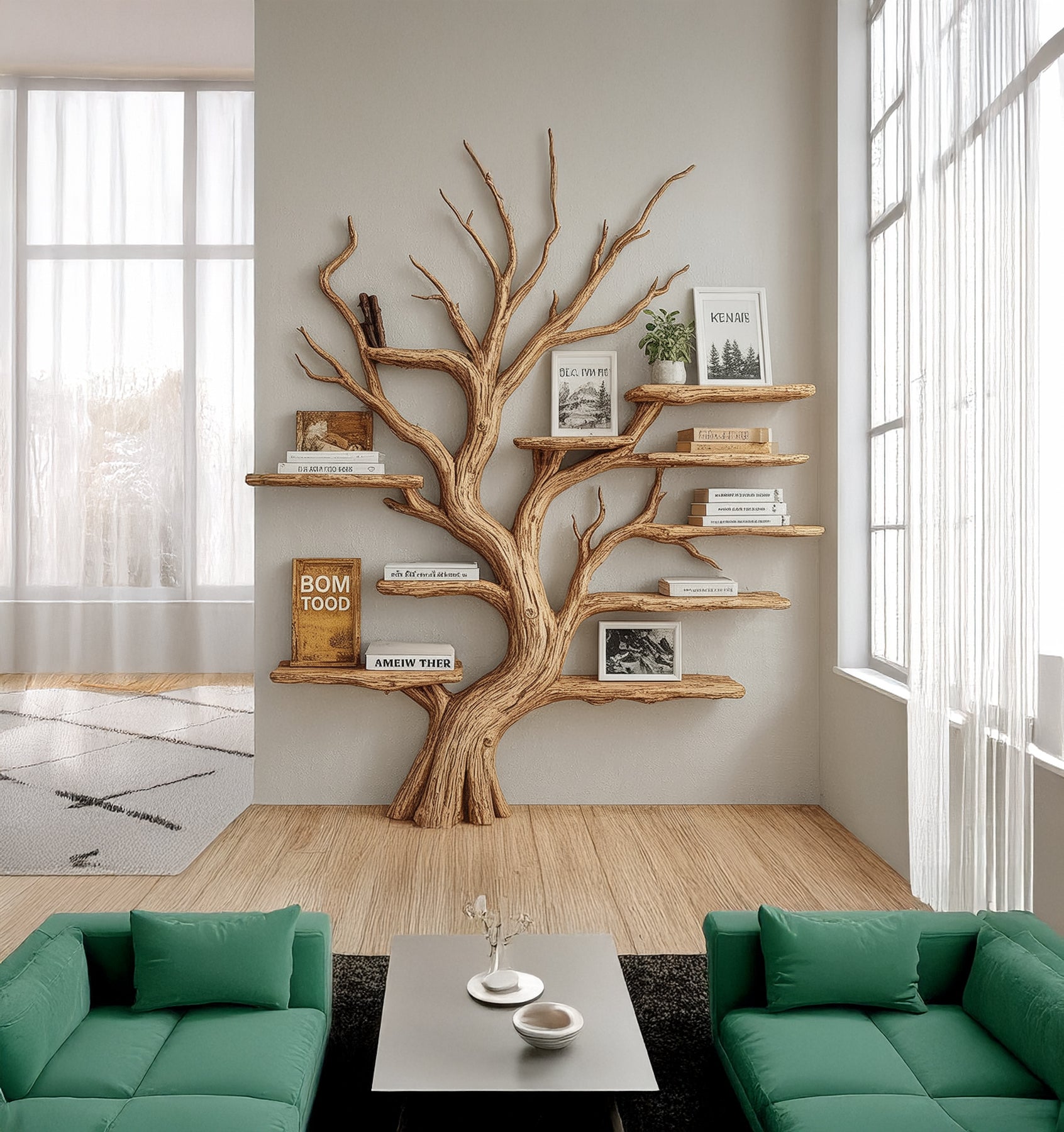 Rustic Tree Shaped Wooden Bookshelf with Branch Design for Living Room or Home Library