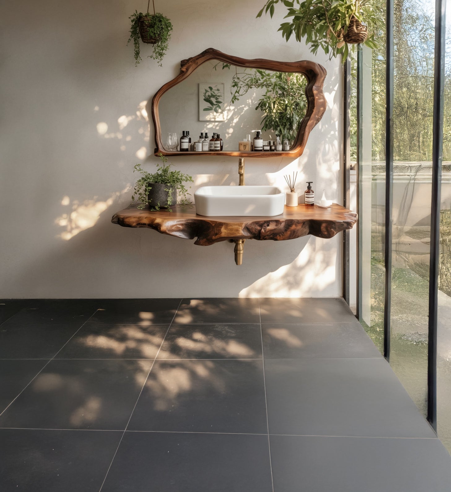 Live Edge Wood Bathroom Vanity with Mirror – Handmade Solid Wood Sink Countertop