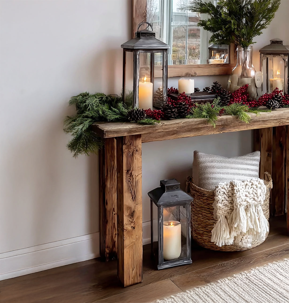Rustic Farmhouse Console Table – Handmade Solid Wood Entryway Table with Natural Finish