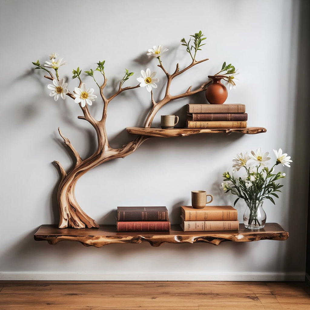 Bibliothèque Arbre Flottante en Bois Massif – Art Mural Naturel