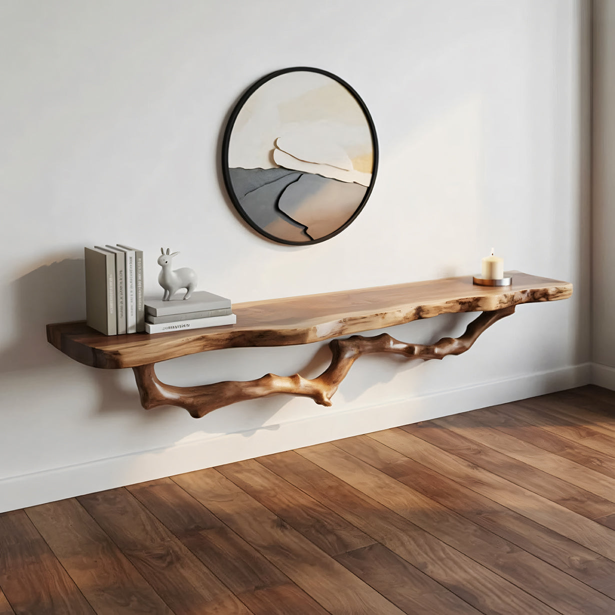 Organic Live Edge Floating Wood Shelf with Sculptural Branch Support