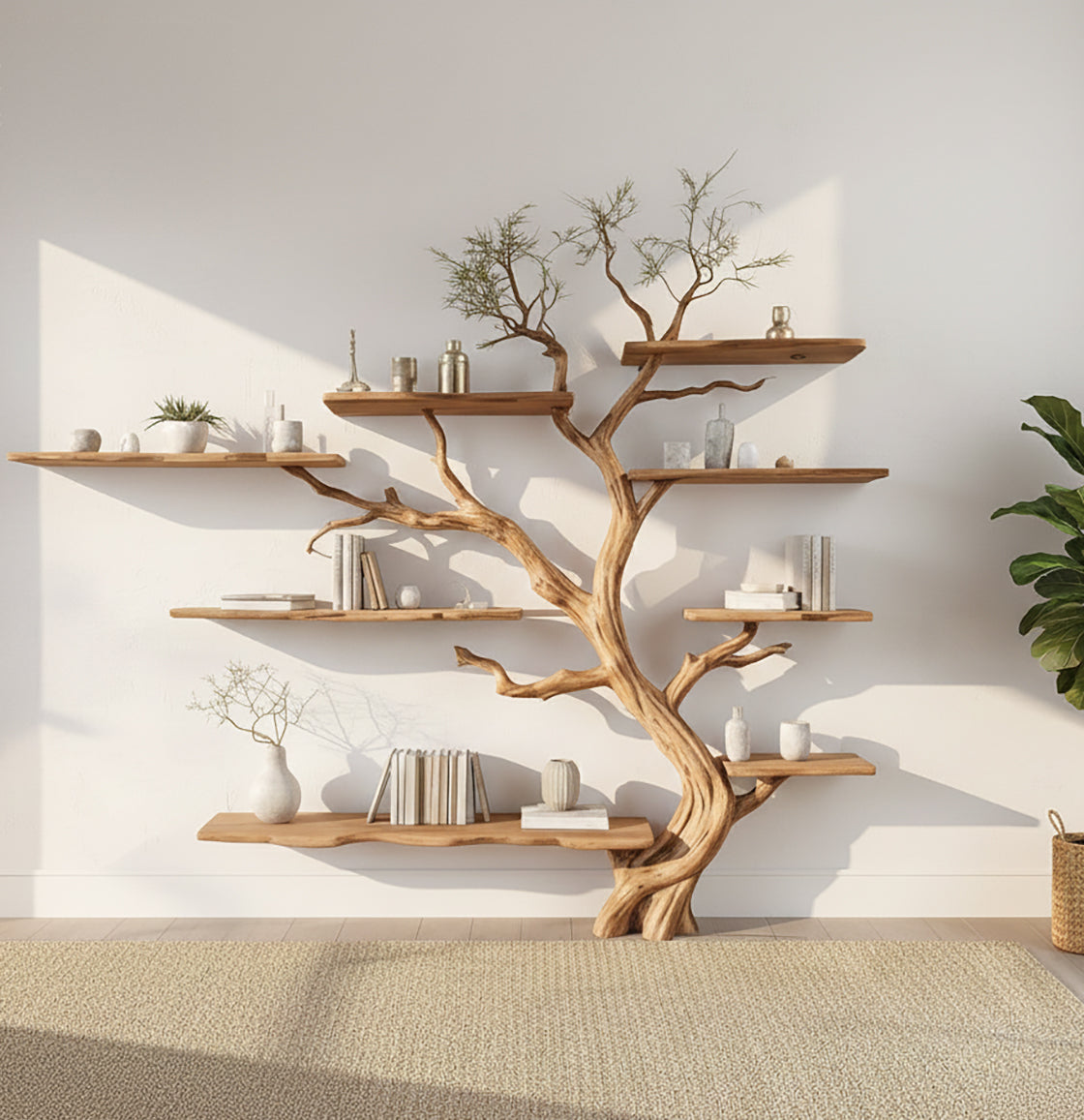 Tree Bookshelf – Handmade Wooden Branch Bookcase with Floating Shelves