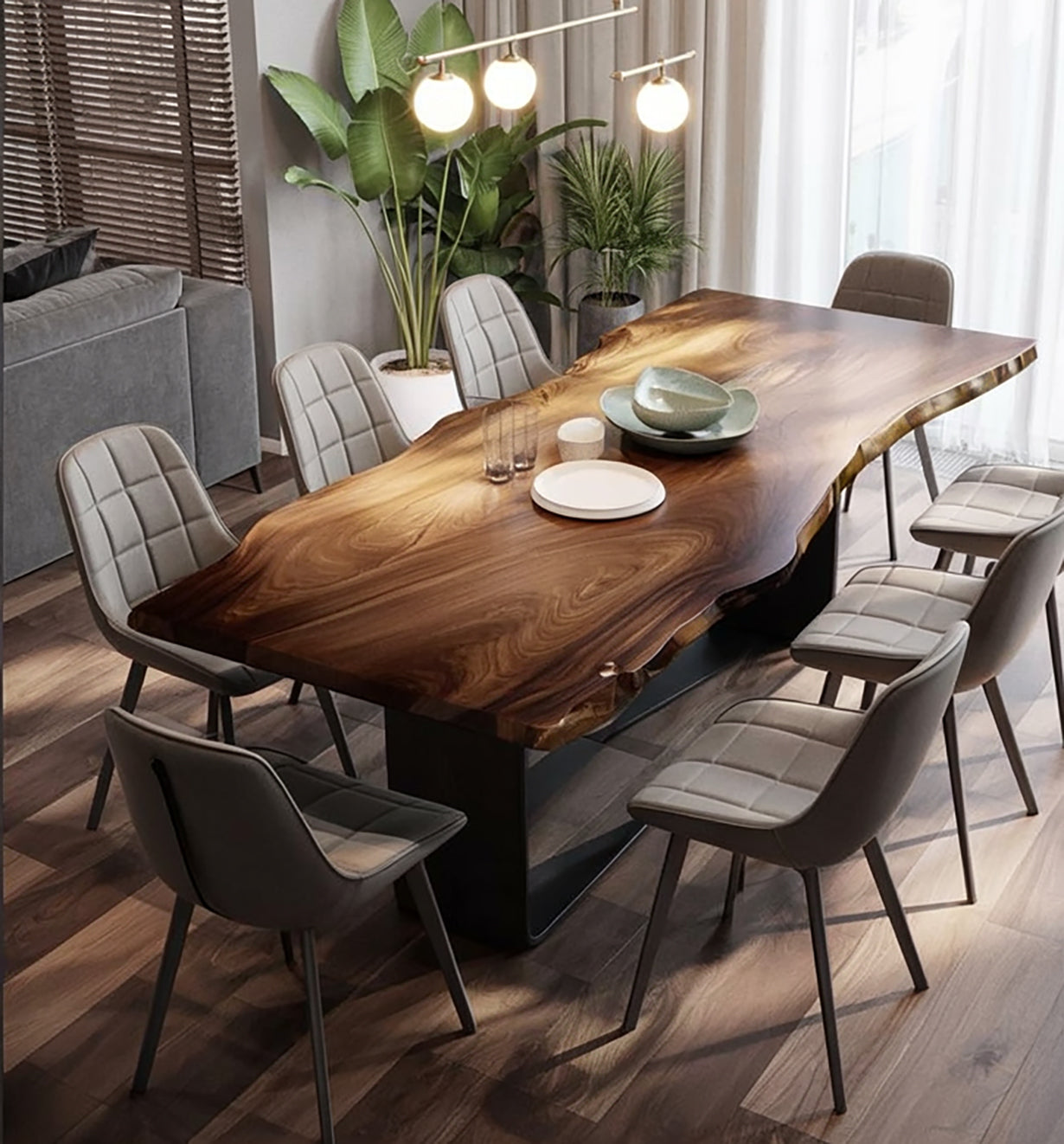 Live Edge Solid Wood Dining Table – Natural Slab Handmade Table with Modern Metal Base