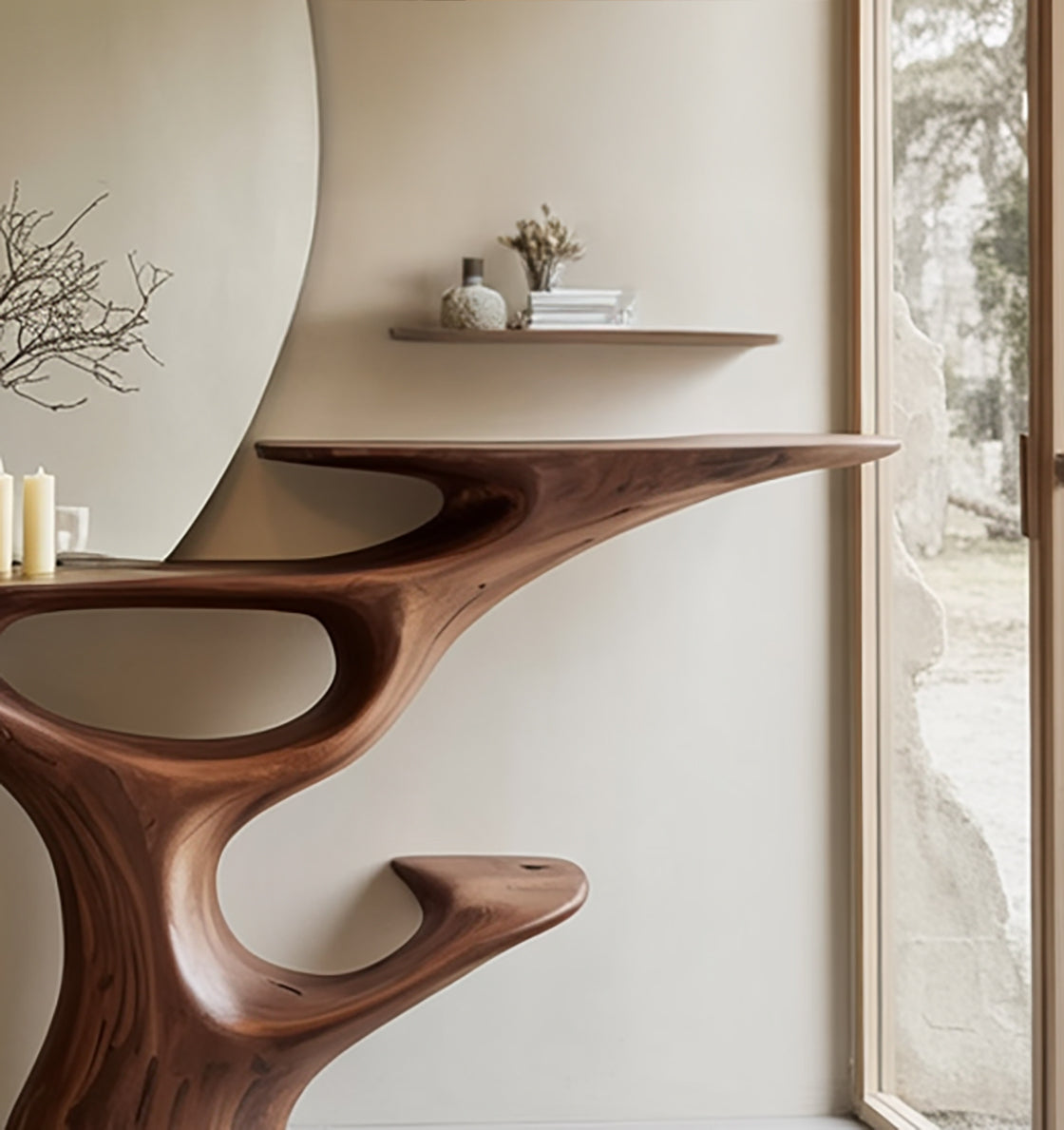 Handcrafted Sculptural Wood Console Table – Contemporary Curved Natural Wood Design