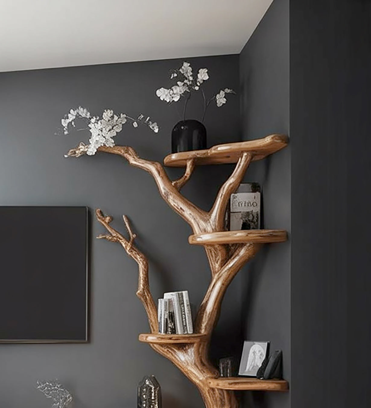 Bibliothèque Arbre Rustique en Bois – Meuble TV & Étagère Murale Artisanale