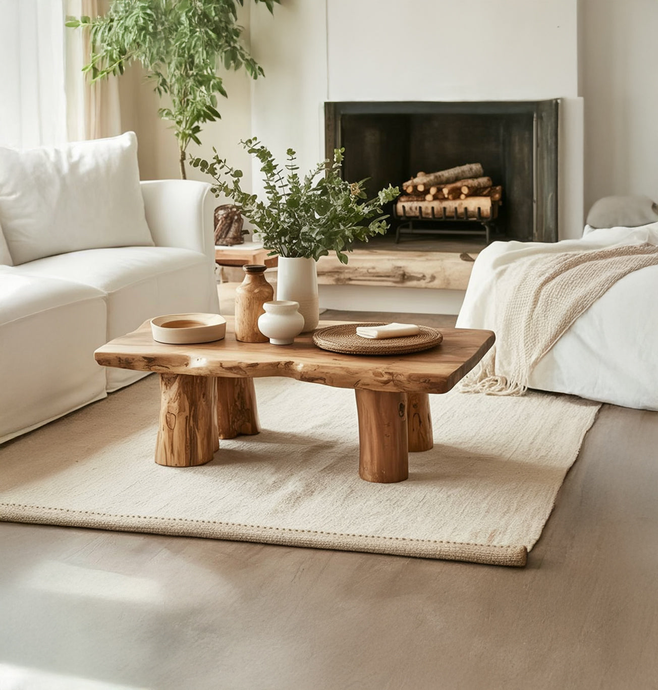 Rustic Live Edge Wood Coffee Table – Solid Wood Farmhouse Living Room Table