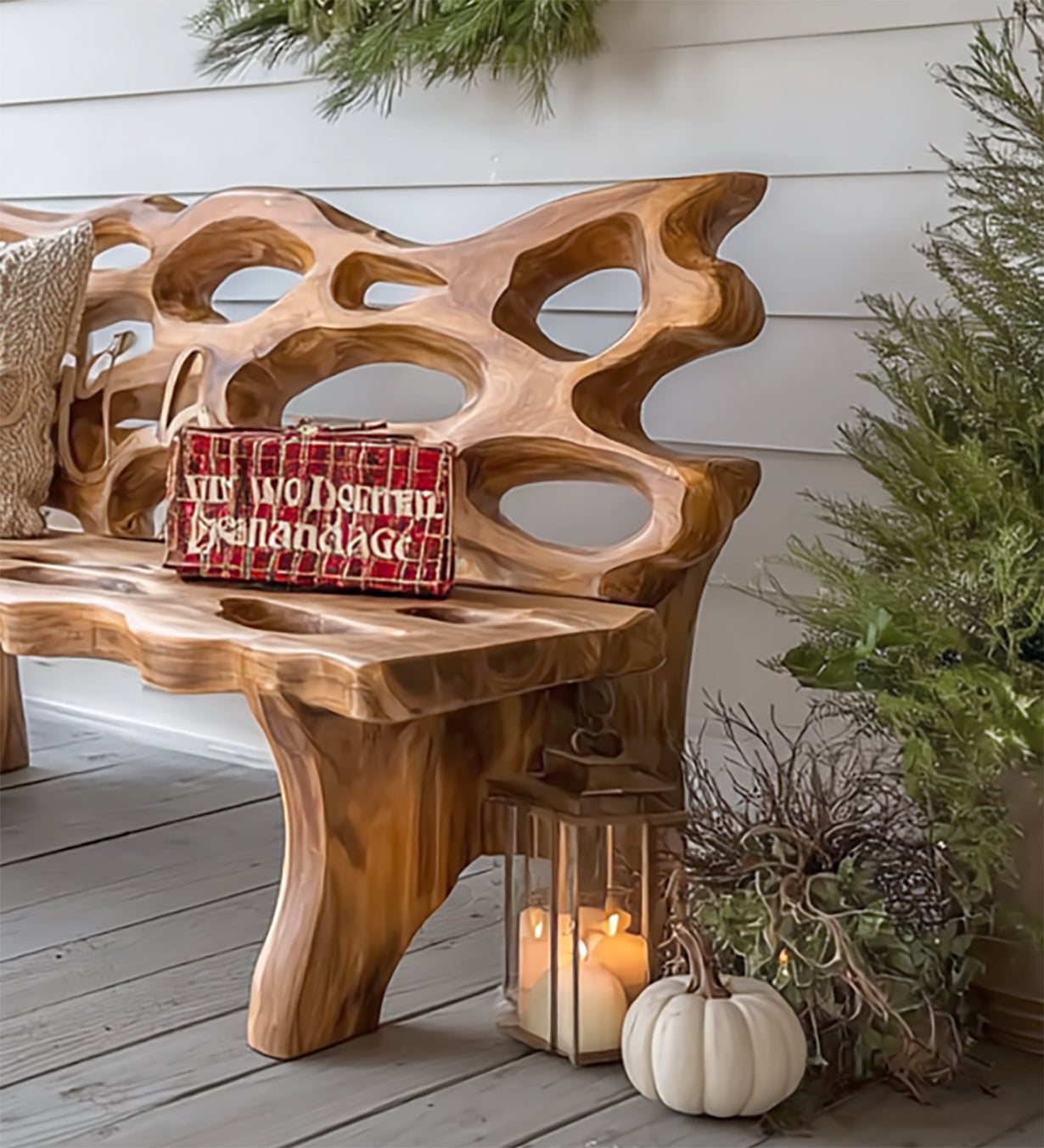 Rustic Farmhouse Wooden Porch Bench – Solid Wood Entryway & Outdoor Seating