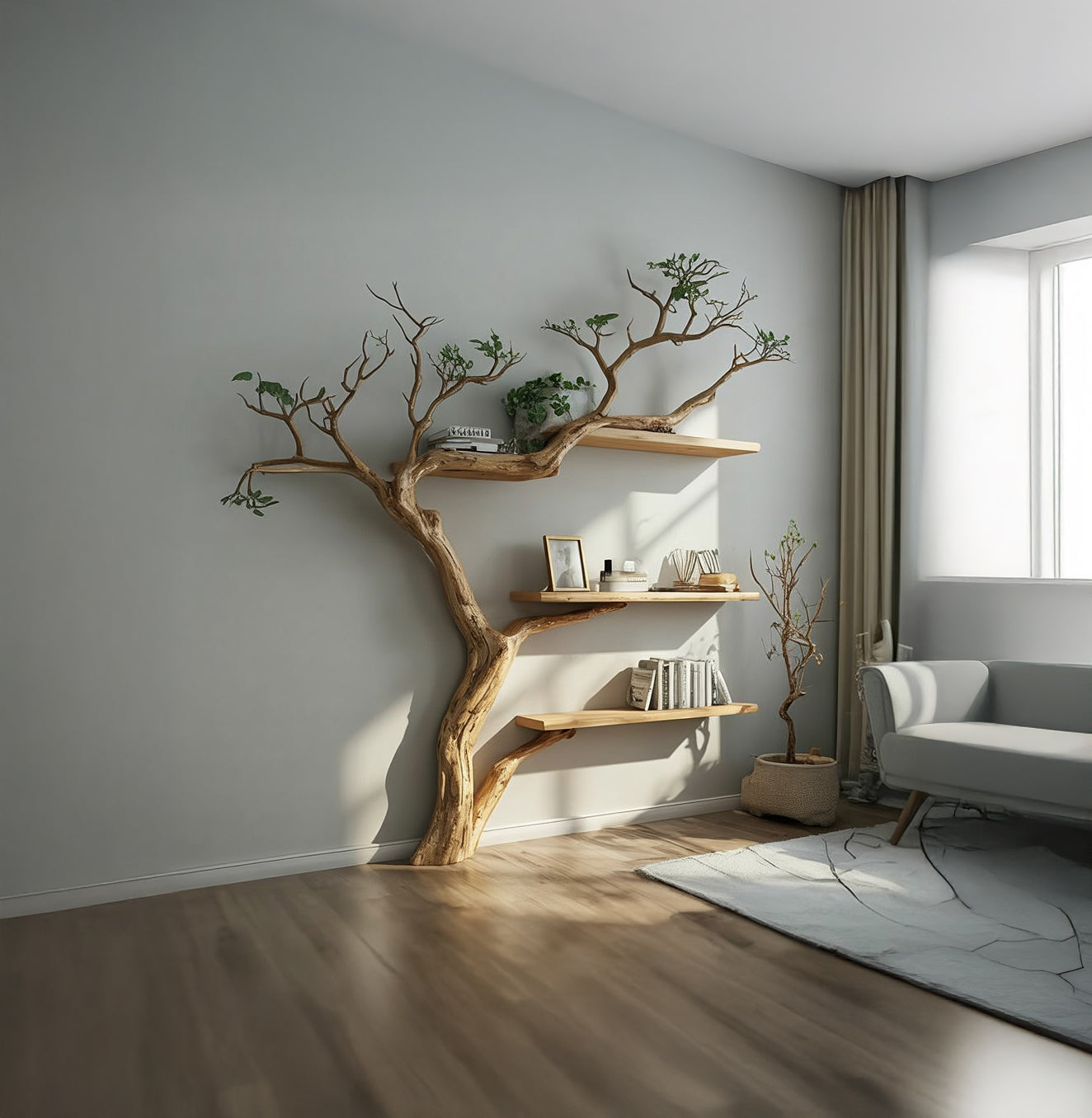 Handcrafted Tree-Inspired Wooden Wall Shelf – Sculptural Branch Design