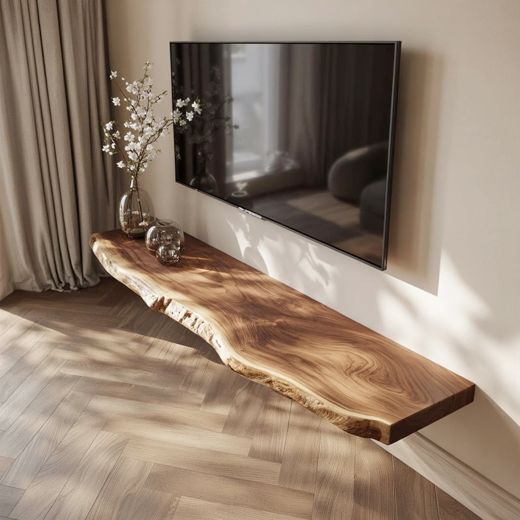 Live Edge Solid Wood Floating TV Stand – Handcrafted Rustic Wall-Mount Media Shelf