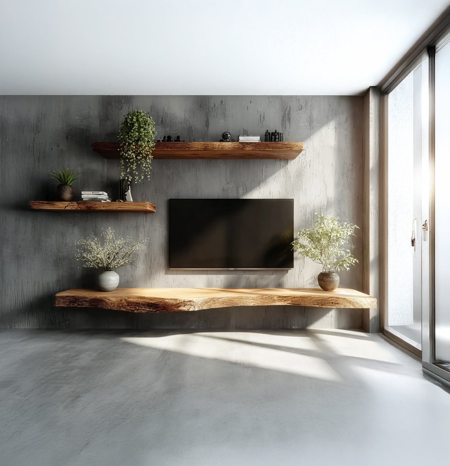 Live Edge Solid Wood Floating TV Stand – Handcrafted Media Console