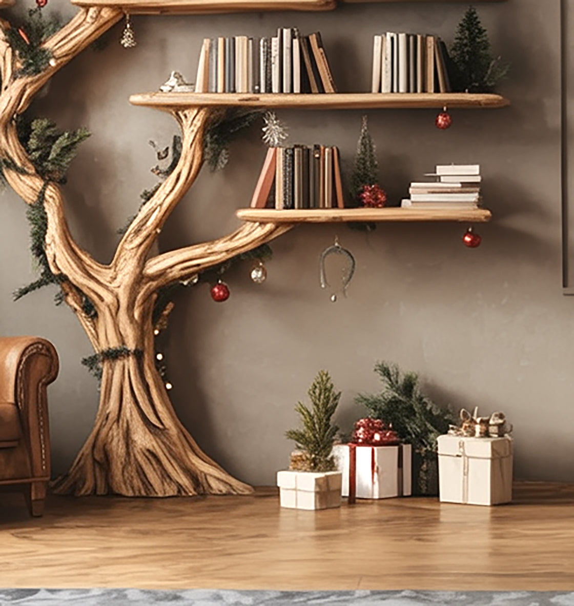 Rustic Tree Shaped Wooden Bookshelf with Branch Design for Living Room or Home Library