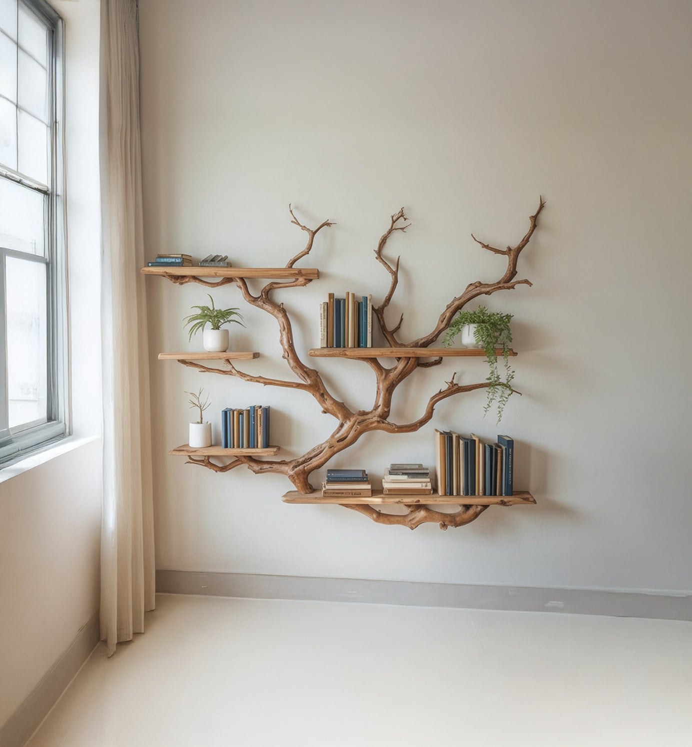 Live Edge Tree Branch Bookshelf – Handmade Wooden Wall Shelf for Rustic Home Decor