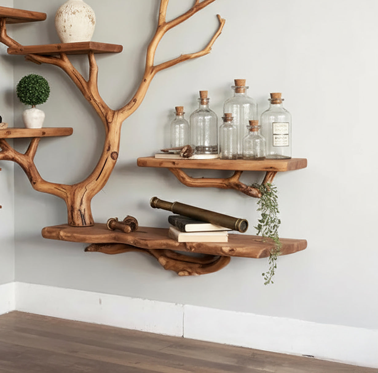 Handcrafted Tree Branch Wall Shelf – Solid Wood Sculptural Bookshelf