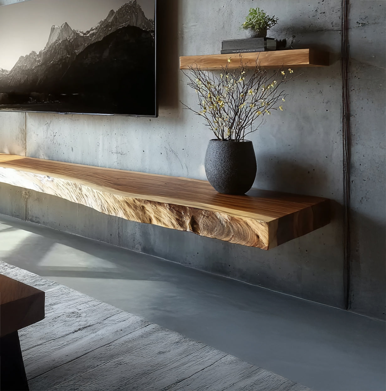 Live Edge Solid Wood Floating TV Stand – Handcrafted Media Console