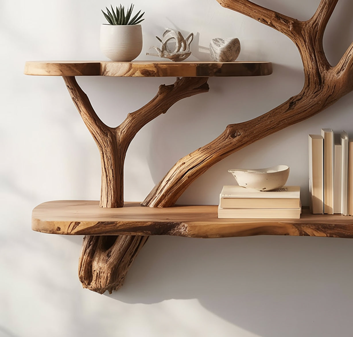Handcrafted Tree Wall Bookshelf – Sculptural Wooden Floating Shelf