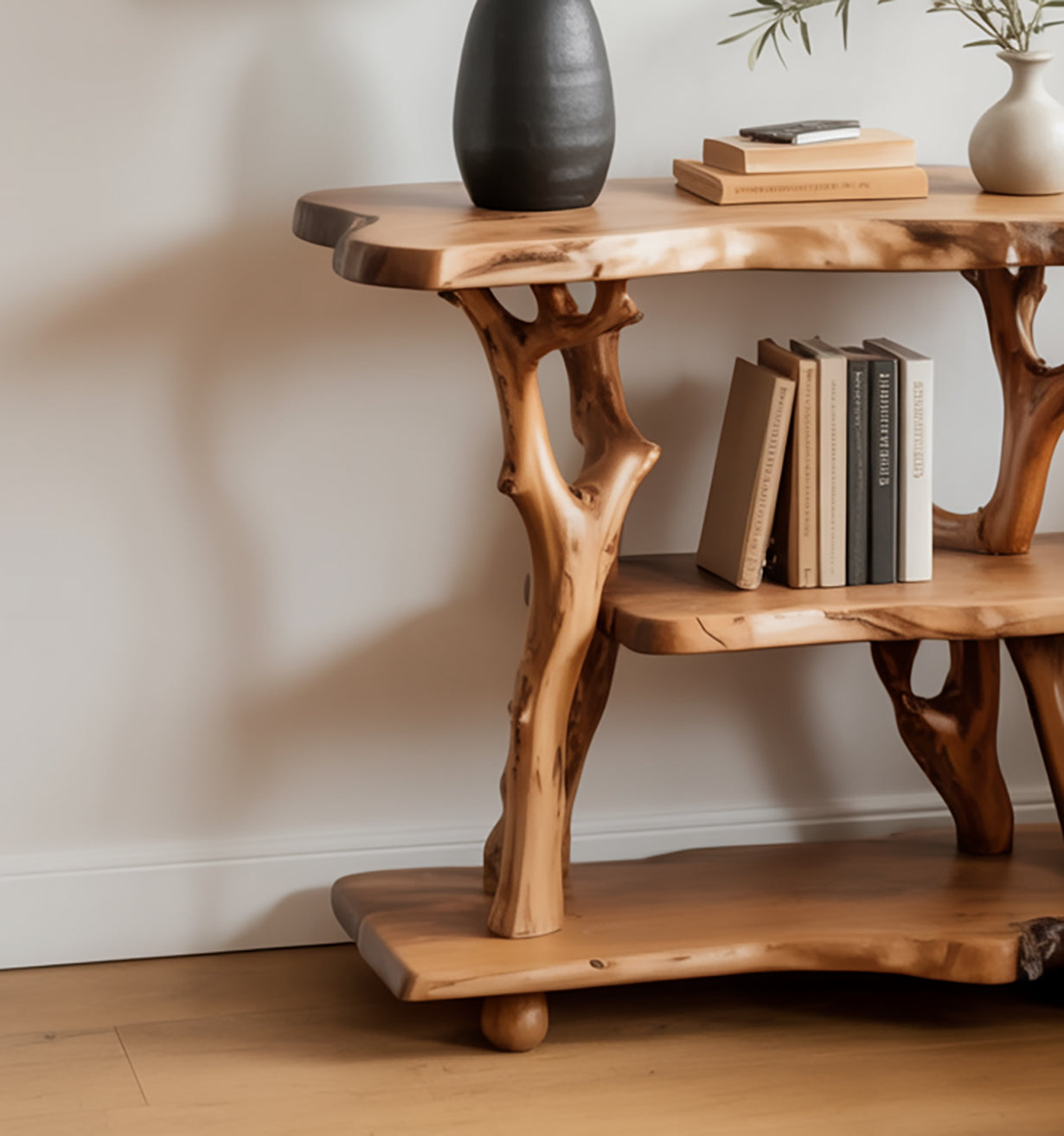 Table de Chevet Branche d’Arbre en Bois Massif – Étagère Rustique sur Pied