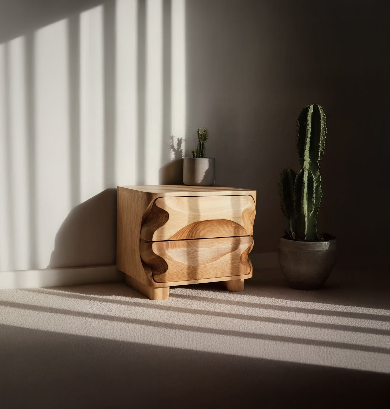 Modern Wavy Nightstand – Solid Wood Bedside Table with Hand-Carved Drawer