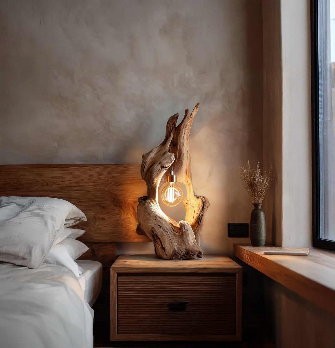 Handcrafted Driftwood Table Lamp – Rustic Natural Wood Bedside Lighting