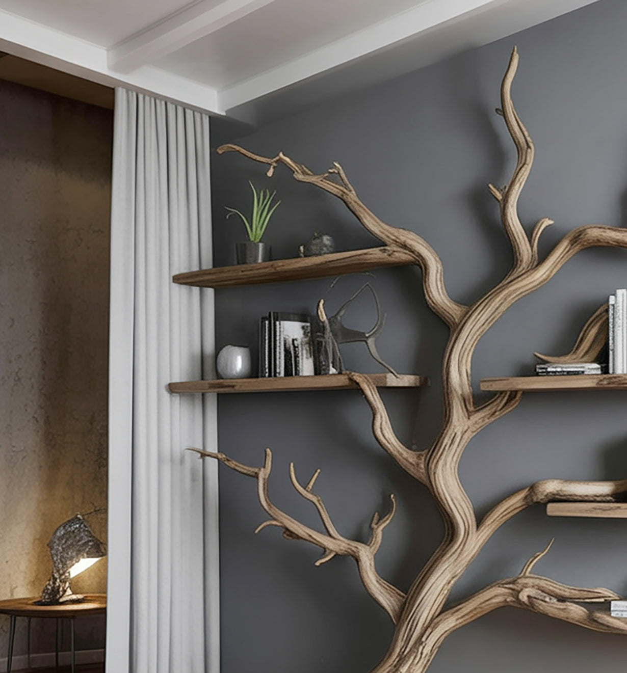 Étagère murale en branche d’arbre – Bibliothèque artistique en bois pour salon