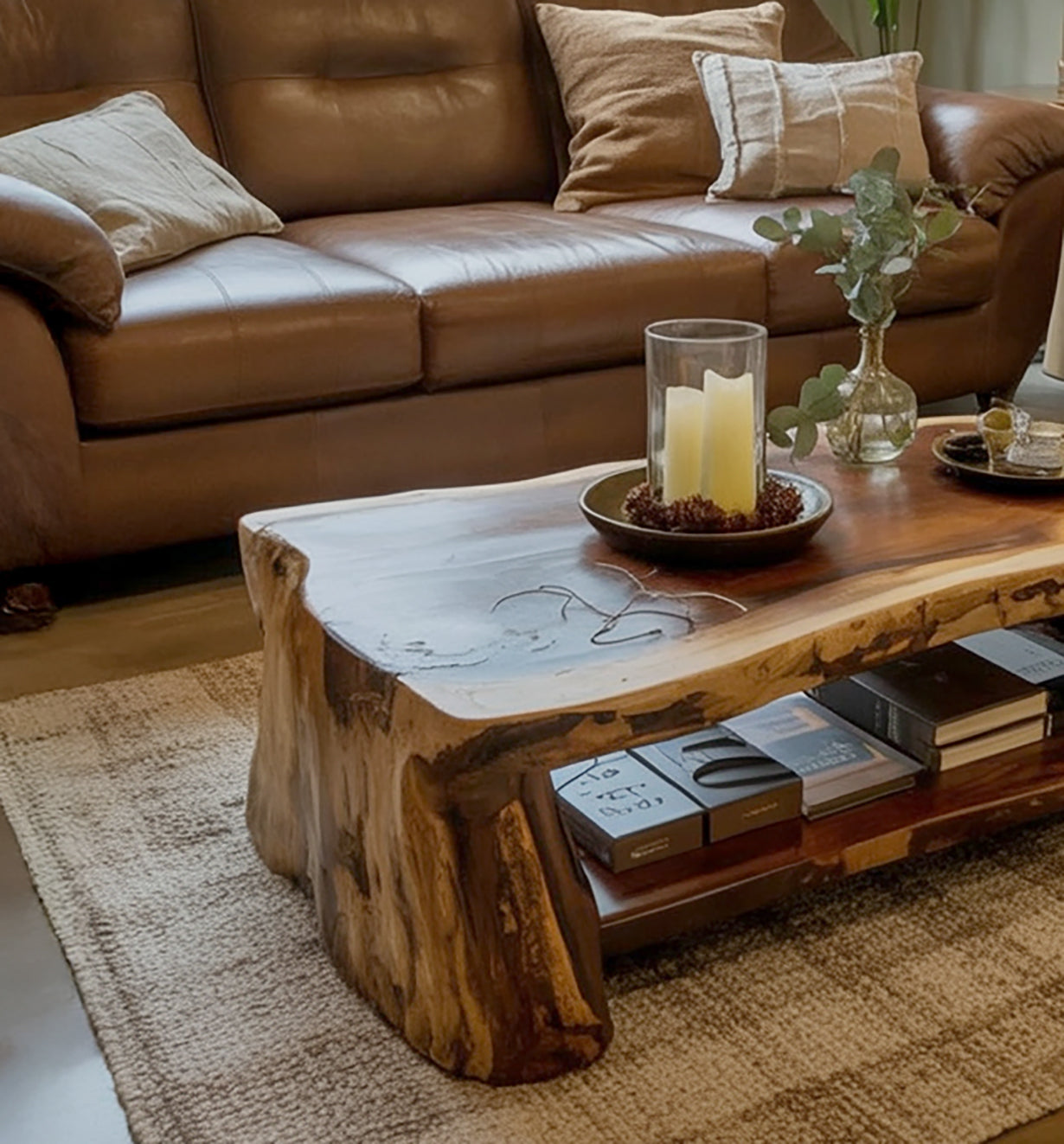 Live Edge Coffee Table – Handmade Solid Wood Center Table with Storage Shelf