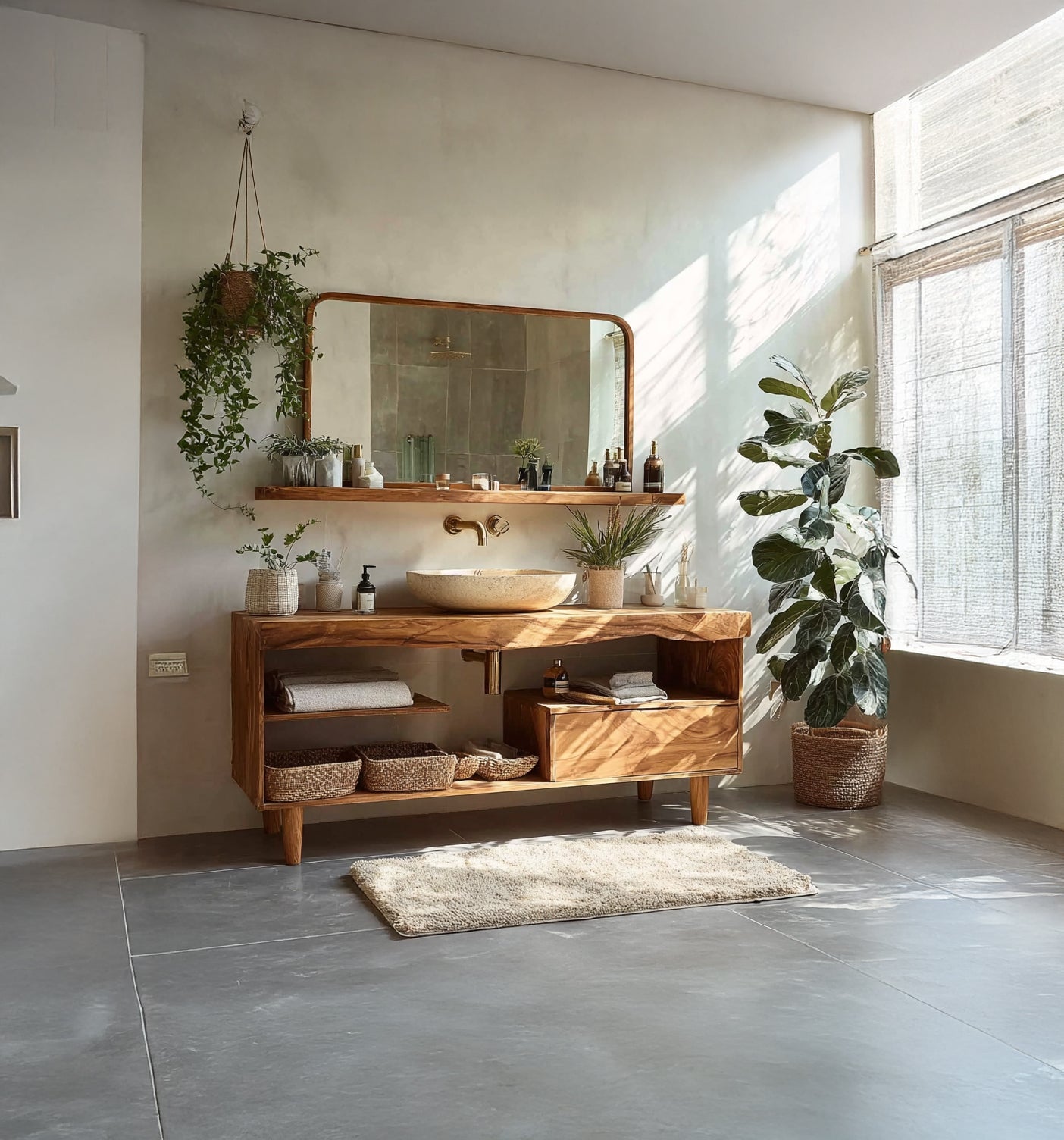 Rustic Live Edge Wood Bathroom Vanity – Handmade Solid Teak Sink Console with Storage