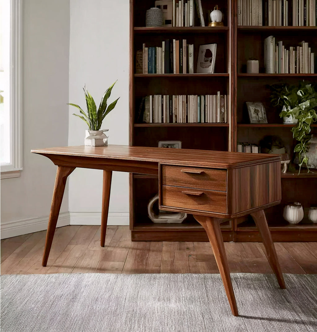 Mid-Century Modern Walnut Desk – Handmade Solid Wood Writing Table with Drawers