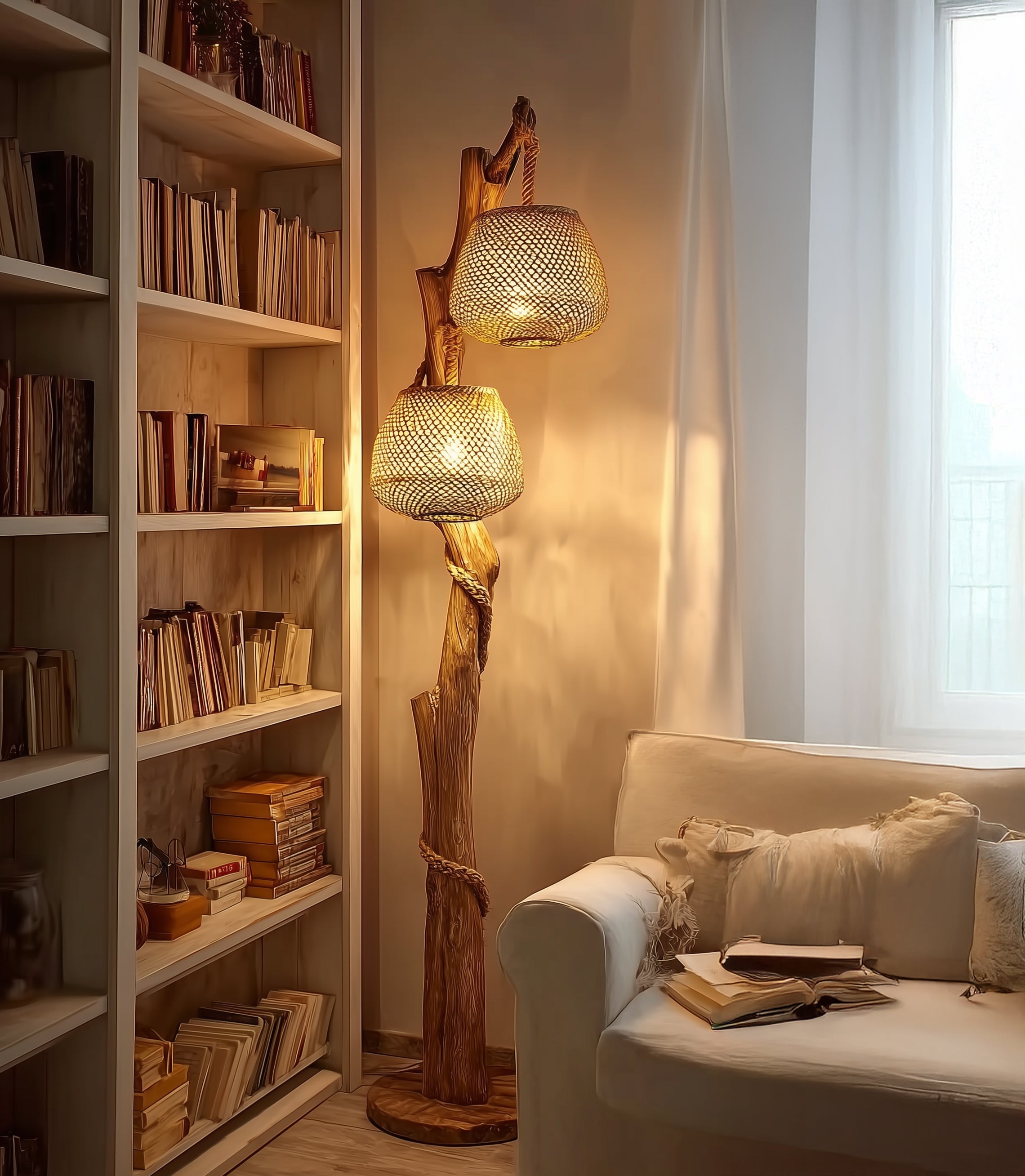 Tree Floor Lamp – Handmade Natural Wood Corner Lamp for Rustic Living Room Décor