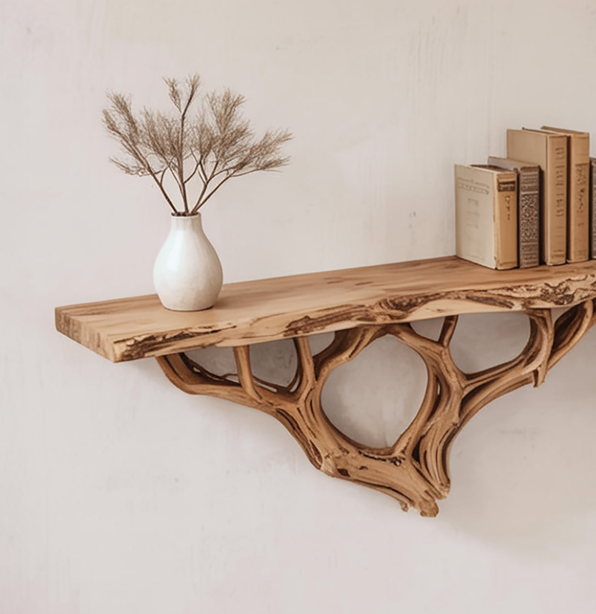 Bibliothèque Murale Arbre Flottante en Bois Massif – Art Mural Naturel
