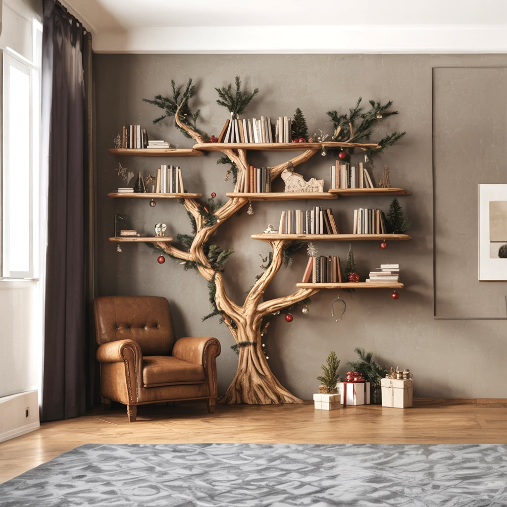 Rustic Tree Shaped Wooden Bookshelf with Branch Design for Living Room or Home Library
