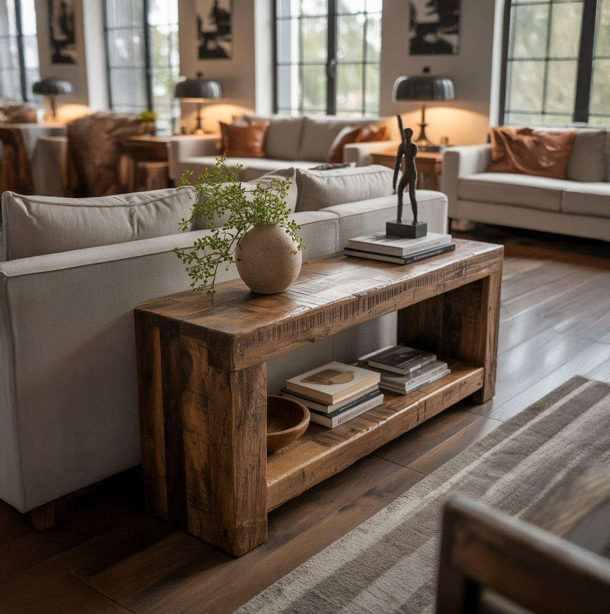 Rustic Reclaimed Wood Console Table – Handmade Solid Wood Entryway Table with Shelf