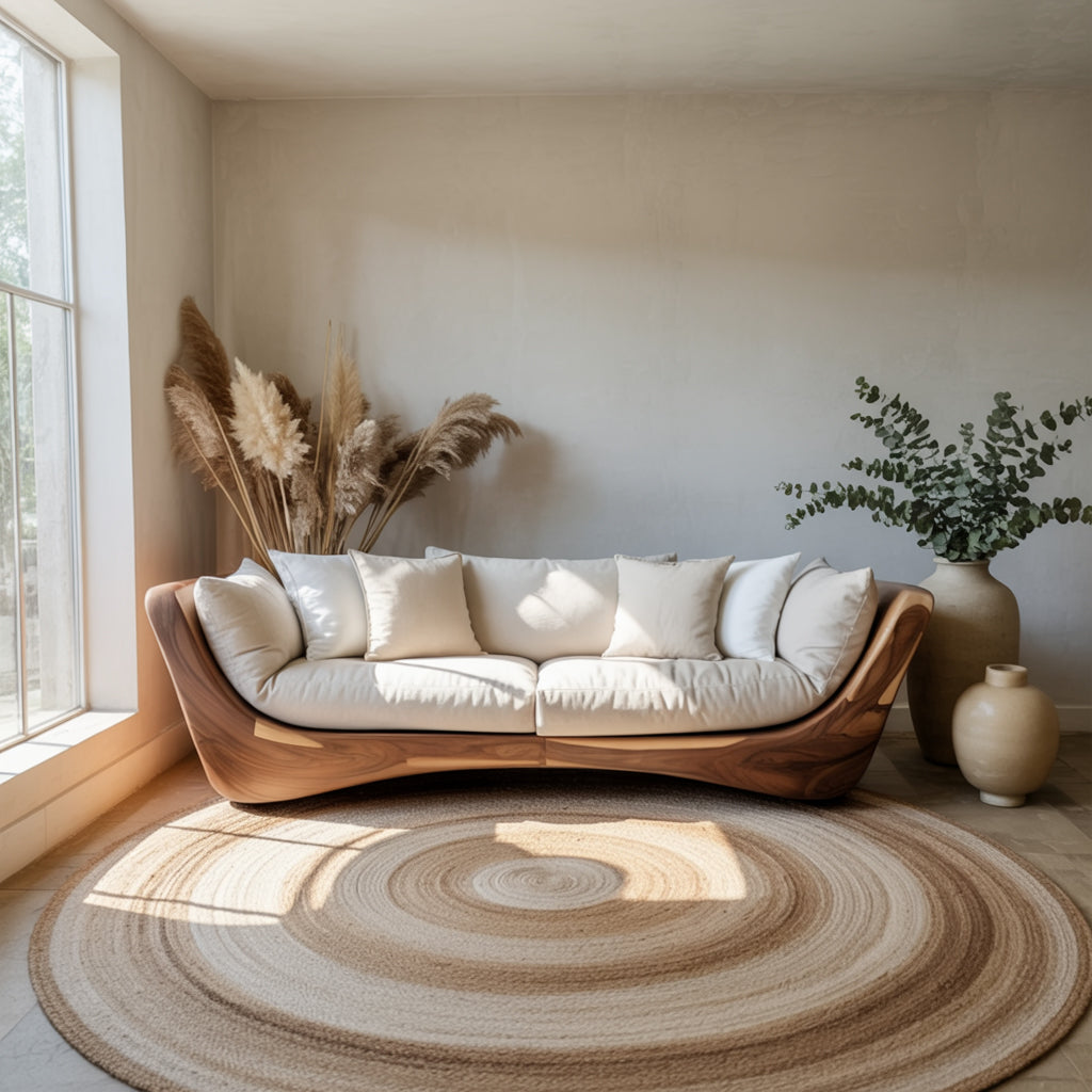 Modern Curved Wood Sofa – Handcrafted Solid Wood Frame with Cushions for Living Room