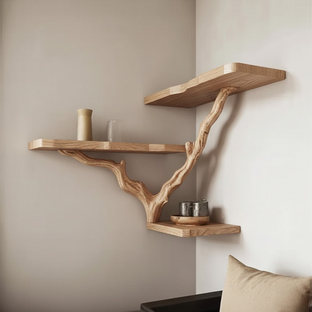 Étagère murale d’angle en branche d’arbre noire – Étagère flottante en bois flotté