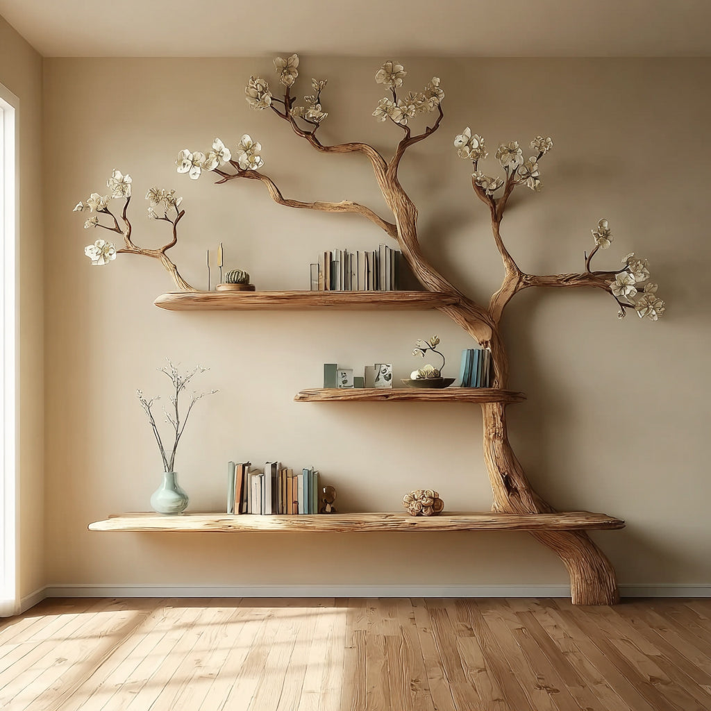 Solid Wood Tree Bookshelf – Artistic Tree Branch Bookcase, Rustic Modern Decor