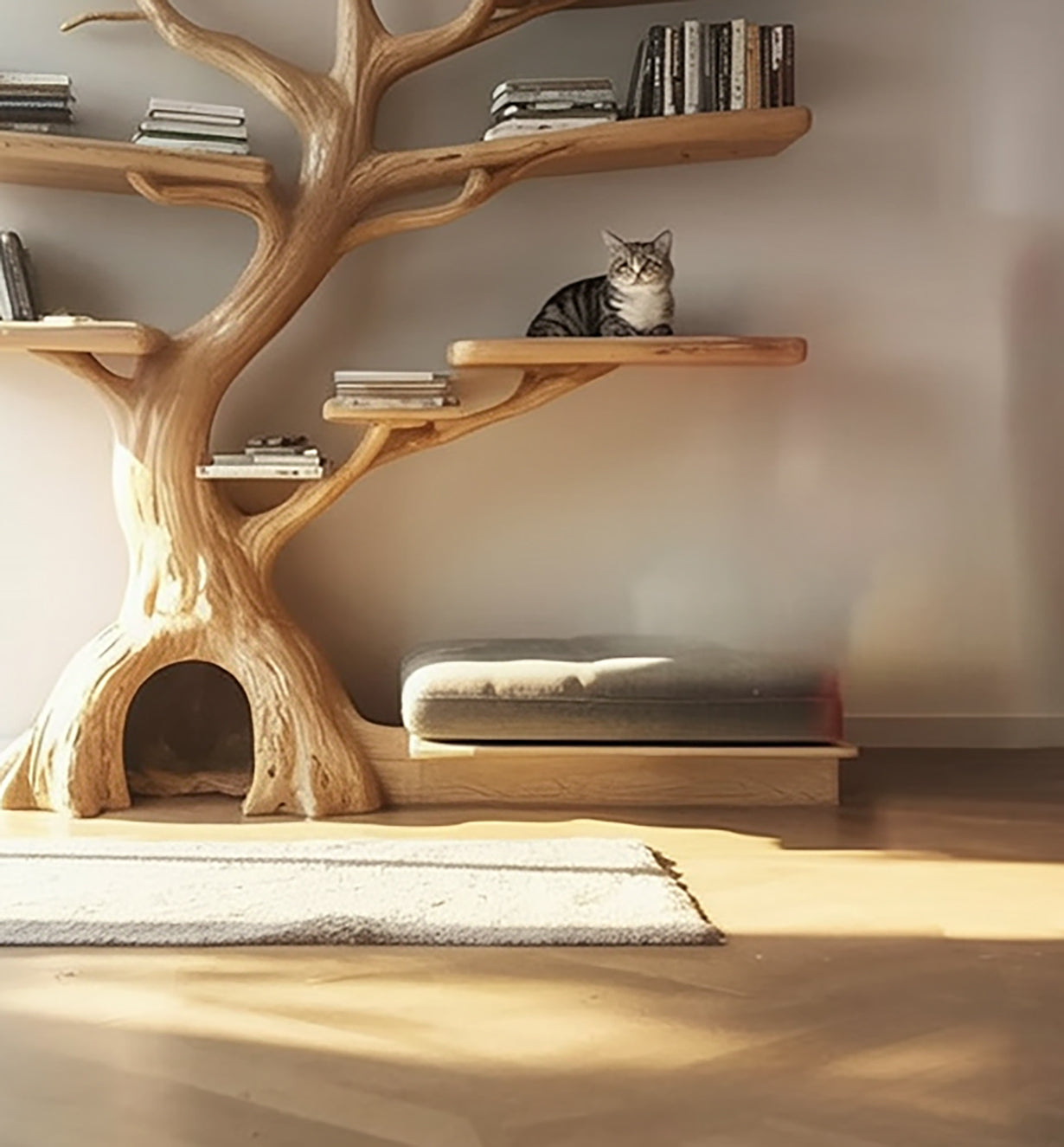 Tree Shaped Wooden Bookshelf with Cat House – Handmade Solid Wood Pet Furniture